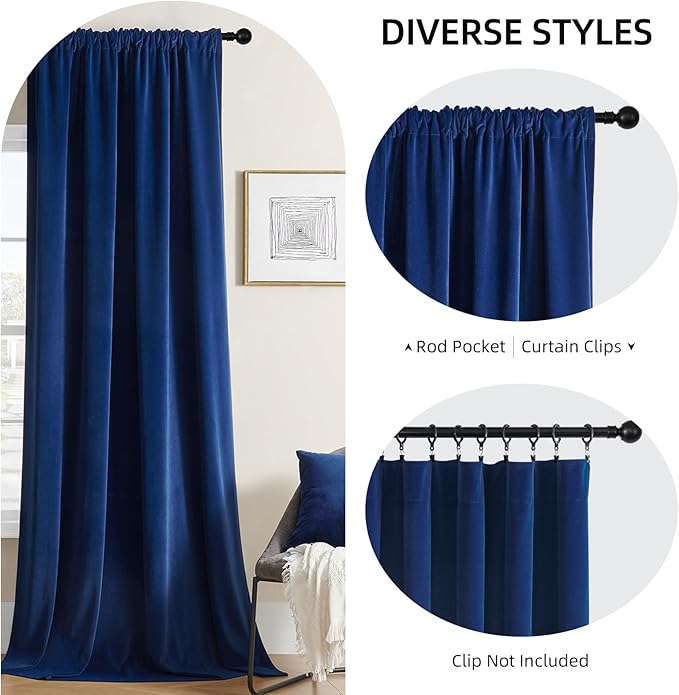 Joydeco Blue Velvet Curtains 90 inch Length 2 Panels Burg Set, Luxury Rod - Image 2