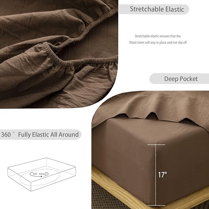 MooMee Fitted Bottom Sheet Only 100% Washed Cotton Linen Like Textured - Image 5