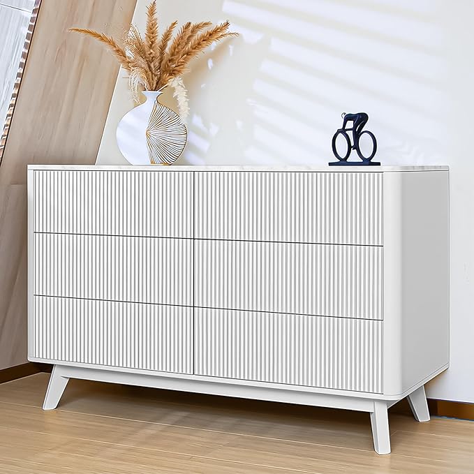 Fluted 6 Drawers Dresser for Bedroom, Wooden Dresser TV Stand, Wood Drawer by Airynee
