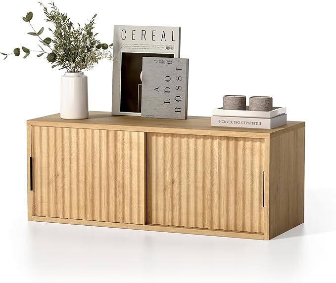 Fluted Wall Cabinet with Sliding Doors, Modern Large Floating Nightstand - Image 7
