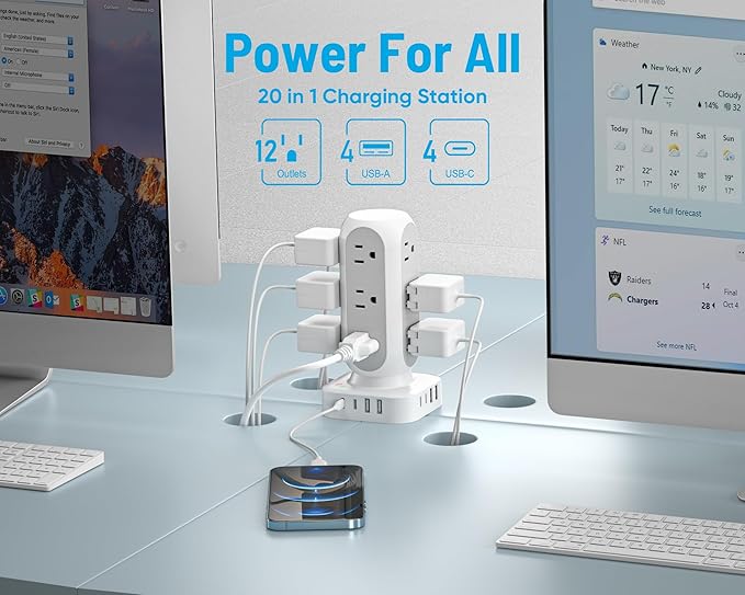 Tower Surge Protector Power Strip, Flat Plug Outlet Extender - Image 3