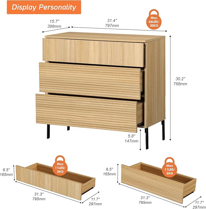 WAMPAT 31.5" W Fluted Dresser for Bedroom, Modern 3 Drawer Dresser TV Stand - Image 2