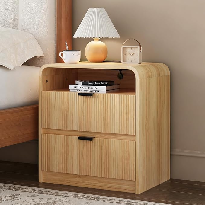24” Fluted Nightstand with Charging Station, Modern Bedside Table with 2 Drawers by Unknown