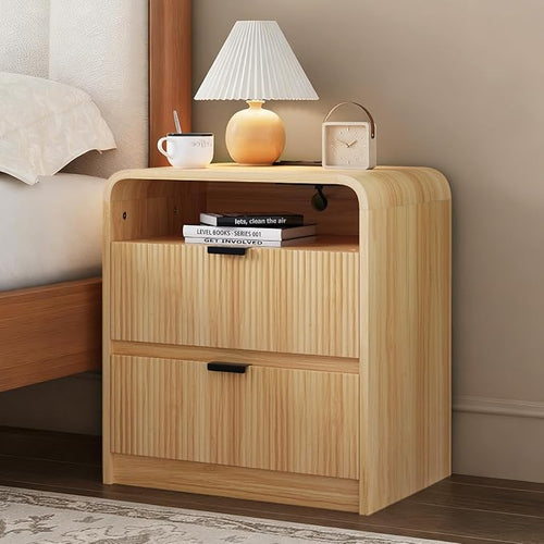 24” Fluted Nightstand with Charging Station, Modern Bedside Table with 2 Drawers by Unknown