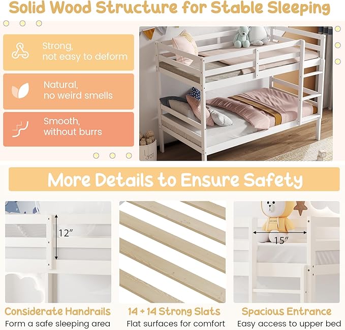 Giantex Bunk Bed Twin Over Twin White, Solid Wood Bunk Bed - Image 6