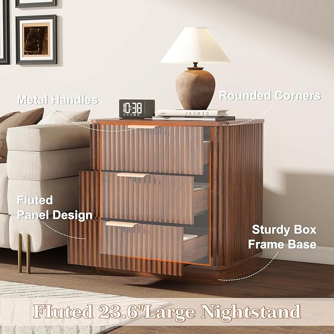 LYNCOHOME Fluted Night Stand Set of 2, Large 3 Drawer Nightand, Wood Bedside - Image 5