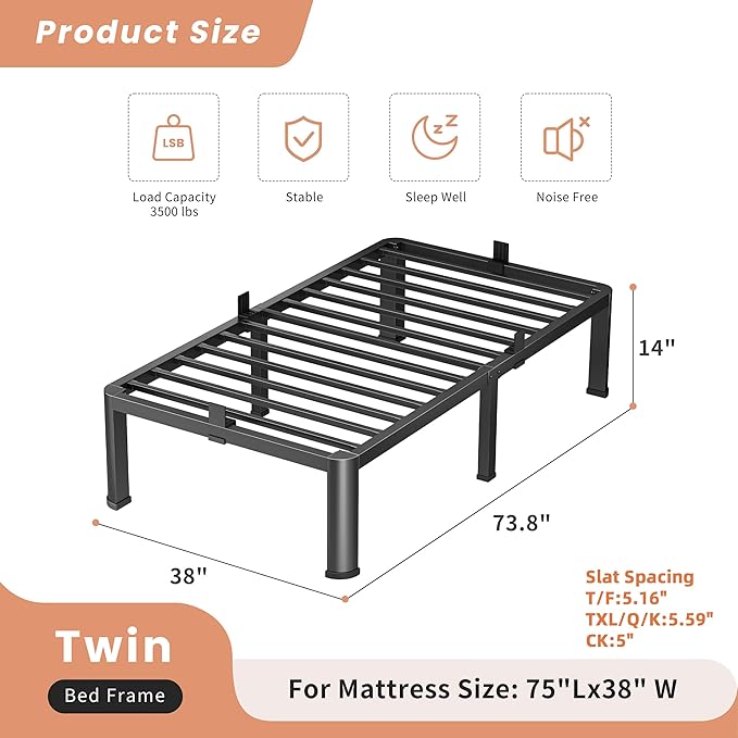 14 Inch Twin Heavy Duty 3500 lbs Bed Frame - Image 3