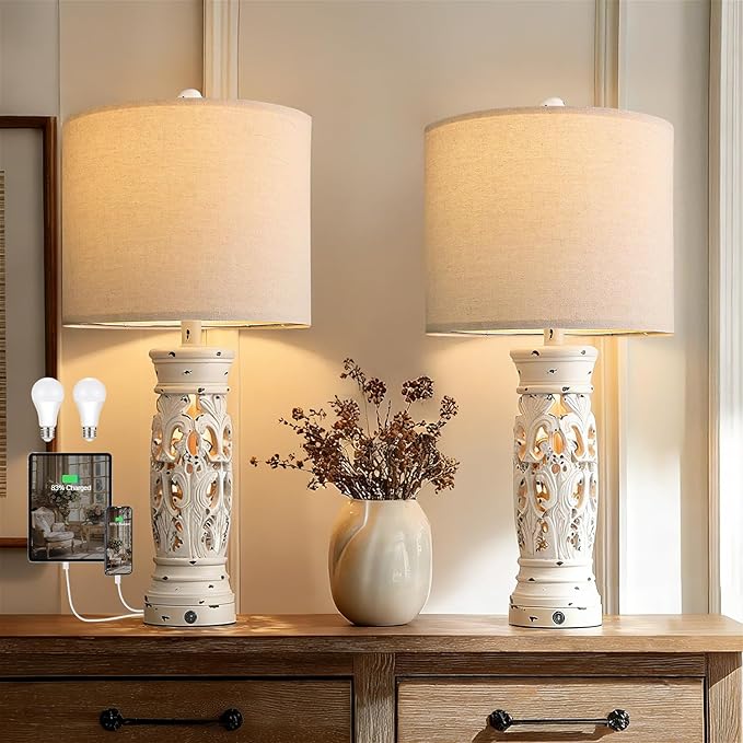 BOBOMOMO 27.25” Farmhouse Table Lamps Set of 2 – Antique White Bedside Lamps - Image 8