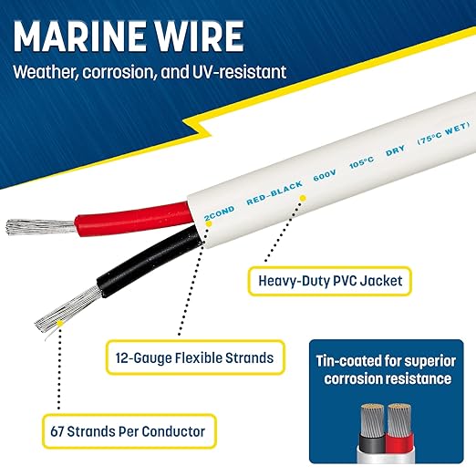 GS Power 100Ft Duplex Marine Wire, 12 Gauge Wire, Oxygen-Free Tinned Copper 12 - Image 2