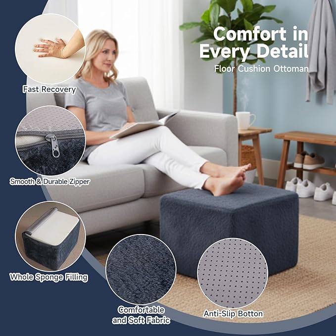 Tiita Stuffed Pouf Ottoman, Square Foot Stool Fluffy Floor Poufs Chair - Image 4