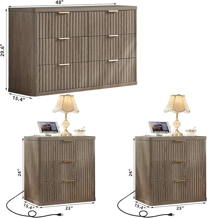 LEYAOYAO 48" Wide Fluted Dresser and 3 Drawers 23" Nightstand Set of 2 - Image 3