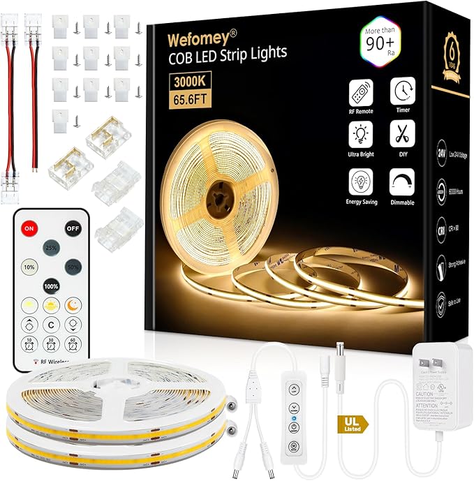 COB LED Strip Light Warm White, 66ft Dimmable 3000K Super Bright White Led by Wefomey