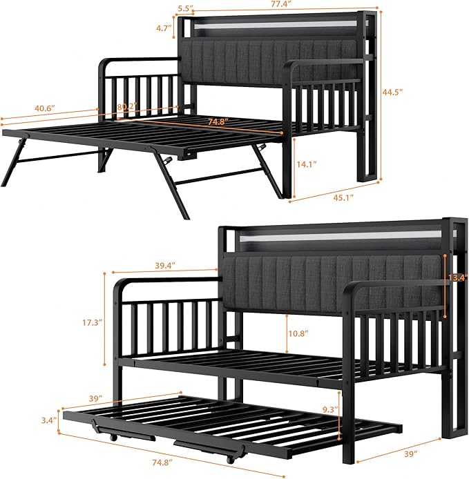 Daybed with Trundle and LED Light, Heavy Duty Metal Twin Bed Frame with - Image 2