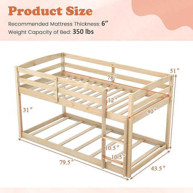 KOMFOTT Low Bunk Bed Twin Over Twin, Solid Wood Twin Bed Frame - Image 2