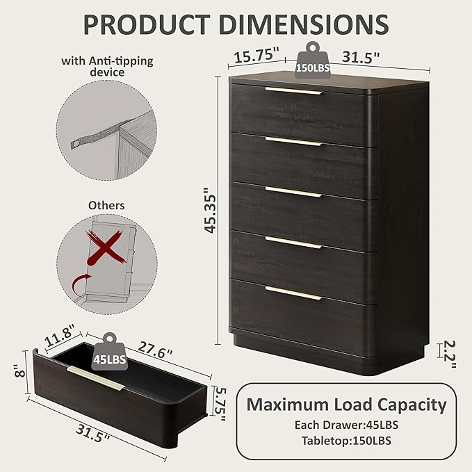 5 Drawer Dresser for Bedroom, Curved Profile Design, Wooden Closet - Image 2