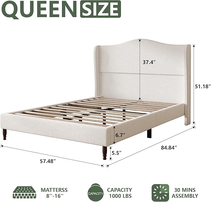 Queen Size Upholstered Platform Bed Frame, Vintage Solid Wood Legs, Easy - Image 2