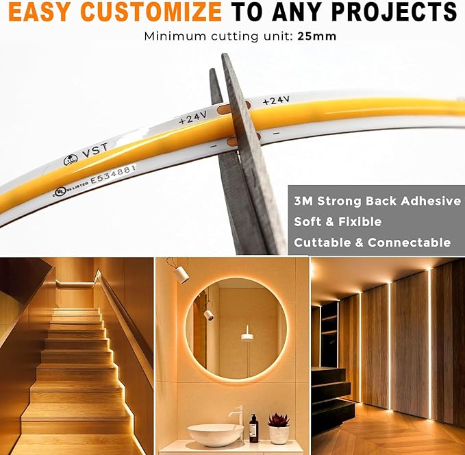 VST 12V 8mm 16.4ft/5m COB LED Strip Lights, Warm White 2700K, Dimmable LED Tape - Image 3