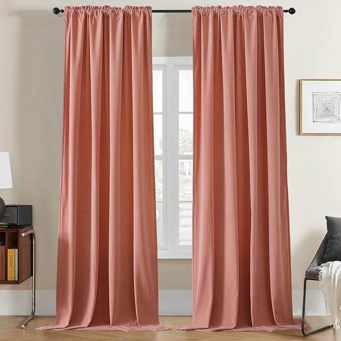 Joydeco Pink Velvet Curtains 108 inch Length 2 Panels, Luxury Blackout Rod by JOYDECO