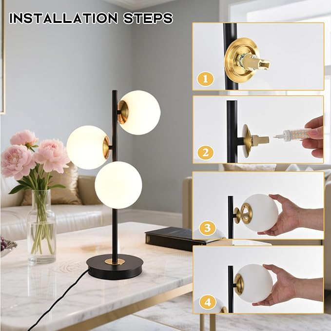 3-Light Black and Gold Table Lamp, Milk White Glass Globe Table Lamp - Image 5