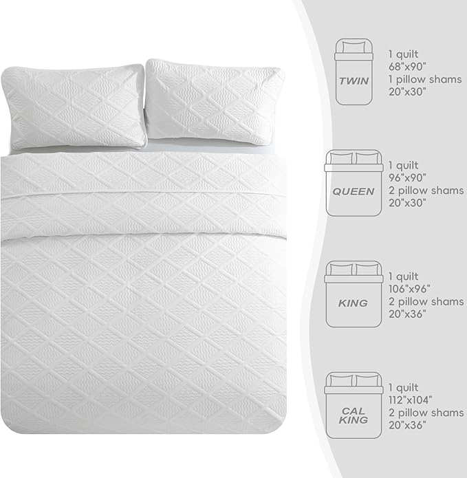 Yiran White Quilt Set King Size Fall Bedspreads Embossed Diamond Pattern 3 - Image 8