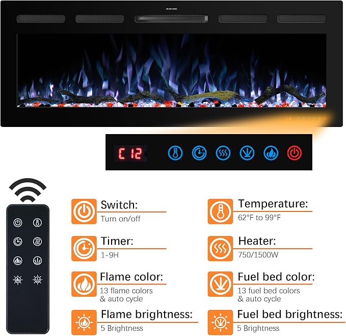 50" WiFi Electric Fireplace Inserts, Recessed and Wall Mounted Fireplace Heater - Image 2