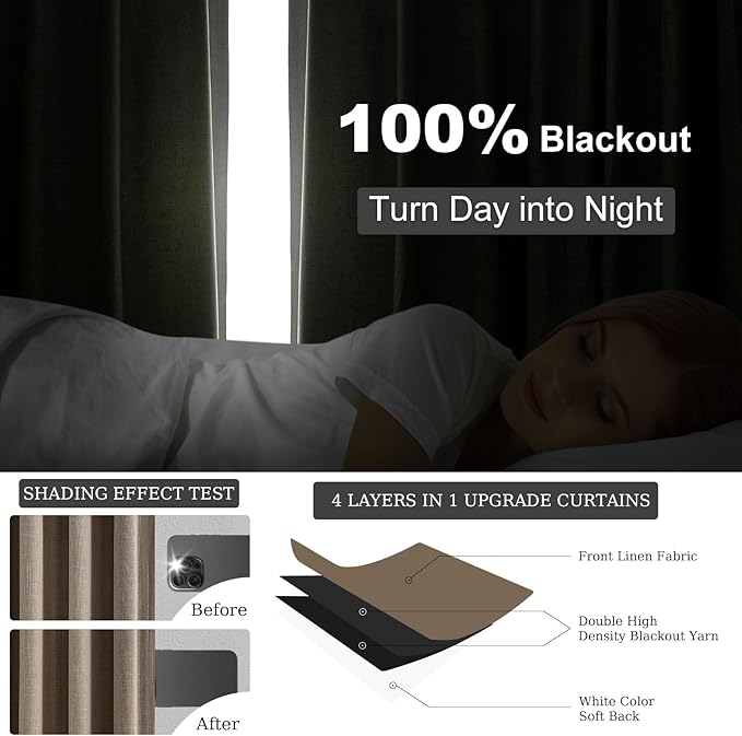 Topfinel 102 Inches Long Custom Blackout Linen Curtains, Pinch Pleated Noise - Image 2