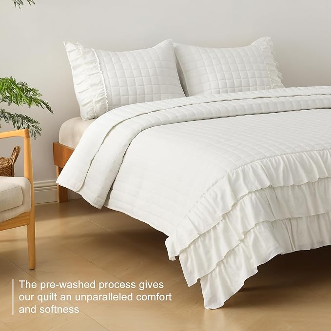 HORIMOTE HOME Ivory Ruffled Quilt Set Queen Size, Classic Geometric Square - Image 3