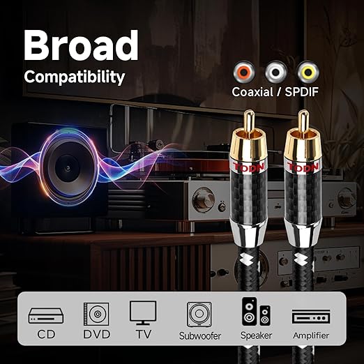 TODN 75-Ohm Coaxial Digital Audio Cable Audiophile 24K Gold-Plated RCA Male - Image 8