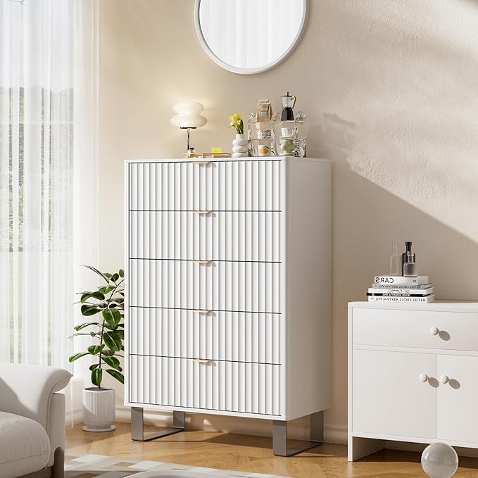 Fluted 5 Drawers Dresser, Wood Storage Organizers - Image 7