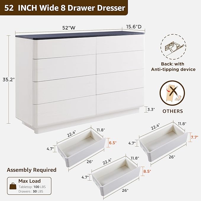ACCOHOHO 8 Drawer Dresser for Bedroom, 52 Inch Wide Modern Chest of Drawers - Image 2