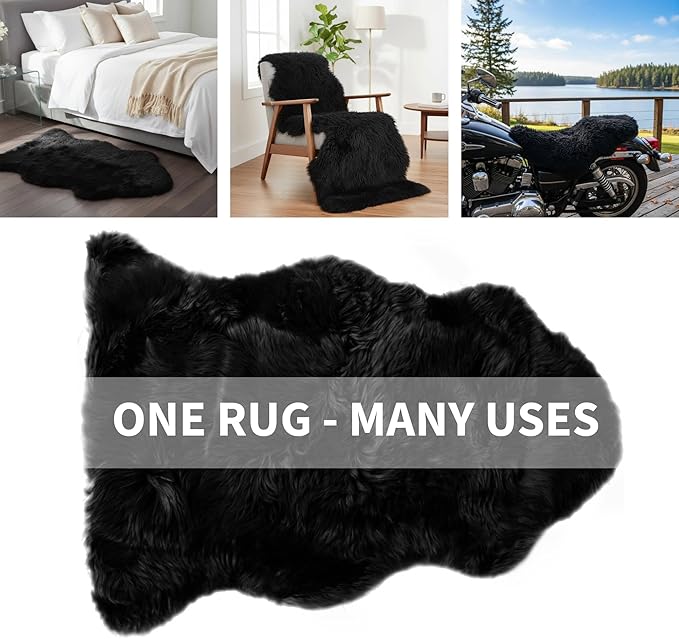 Super Area Rugs Black Sheepskin Rug Genuine Single 2x3ft Pelt Fluffy Fur Seat - Image 8