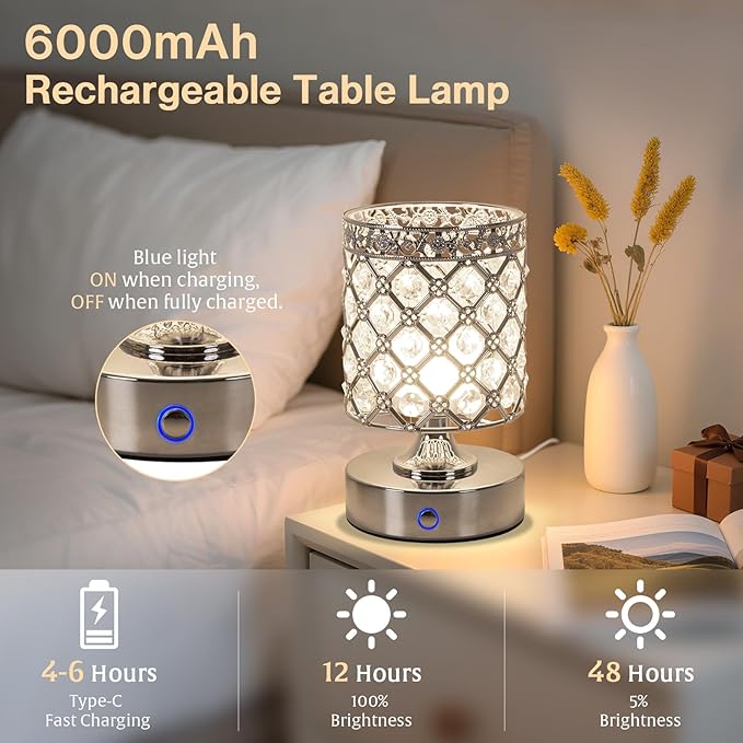 TOBUSA 6000mAh Crystal Battery Operated Lamp, Portable Bedside Touch Small Desk - Image 2