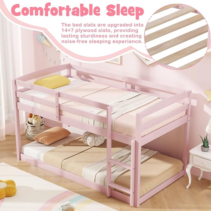 KOMFOTT Low Bunk Bed Twin Over Twin, Solid Wood Twin Bed Frame - Image 7