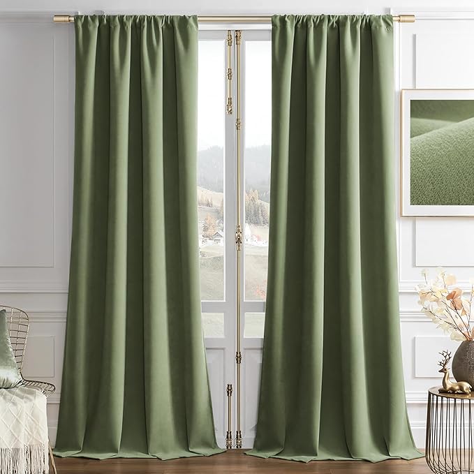 Joydeco Coconut Green Velvet Curtains 84 Inches 2 Panels, Luxury Thermal by JOYDECO