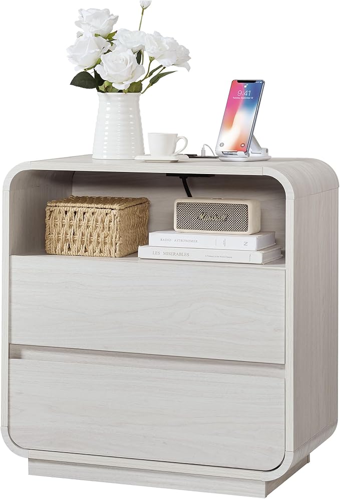 White Nightstand with Charging Station, Modern End Table with 2 Storage Drawers by StandifurnoFurniture