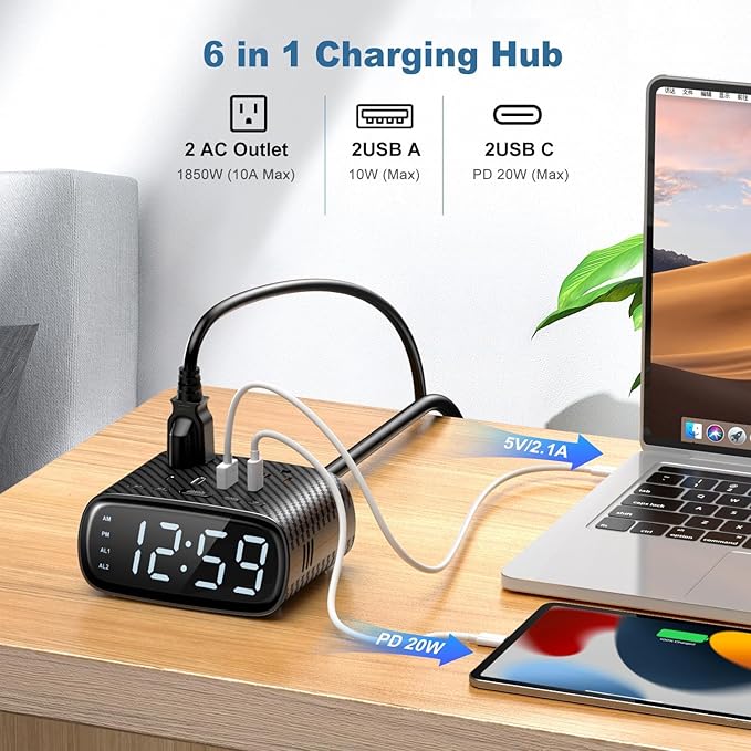 2PCS Alarm Clock with 2 USB-C, 2 USB-A Chargers Power Strip 2 Outlets - Image 3