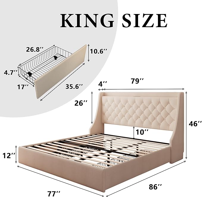 iPormis King Bed Frame with 4 Storage Drawers, Upholstered Platform Bed Frame - Image 7