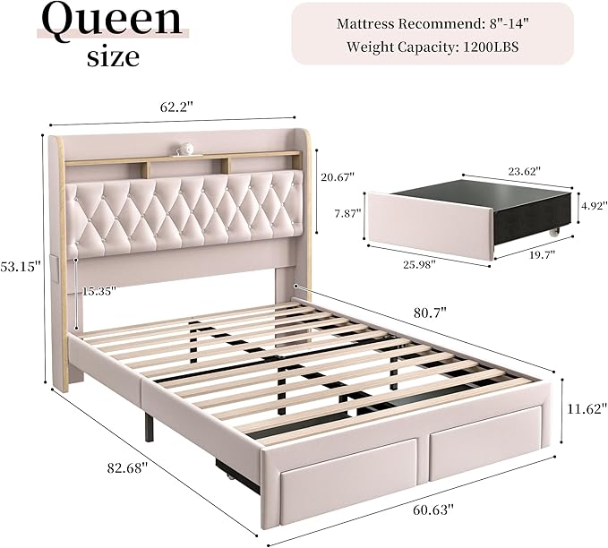 Queen LED Bed Frame with Storage Drawers, Velvet Upholstered Platform Beds with - Image 2
