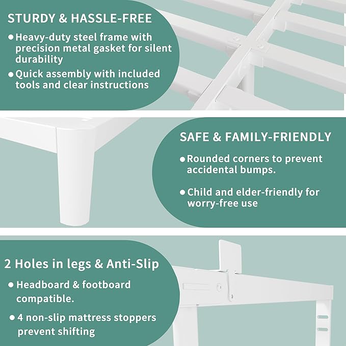 ITIMIDI 10 Inch White Bed Frame Queen, Queen Size Metal Platform Bed Frames - Image 6