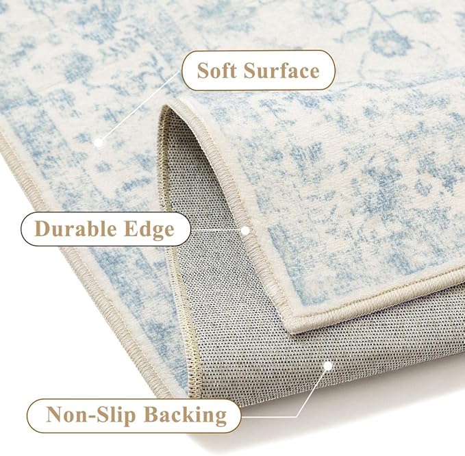 3x5 Blue Area Rug Non Slip Vintage Office Entryway Rug Distressed Machine - Image 4