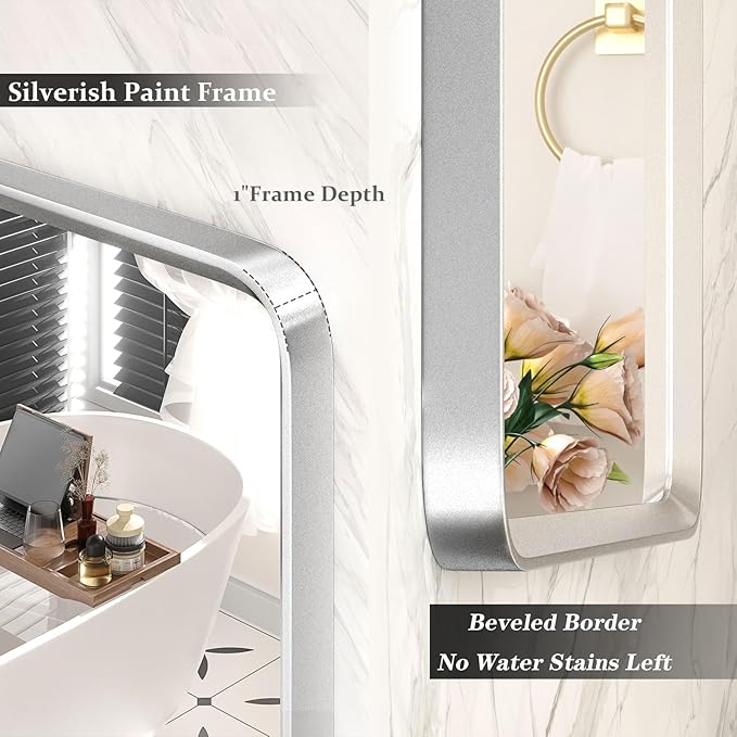 66x40 Inch Silver Framed Mirror, Brushed Nickel, Rounded Rectangle Mirror - Image 2