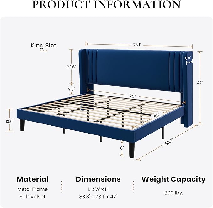 SHA CERLIN King Size Velvet Upholstered Platform Bed Frame - Image 2