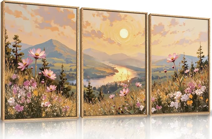 LHIUEM Large Boho Sunset Wildflower Framed Canvas Wall Art, Nature Pink Flower by LHIUEM