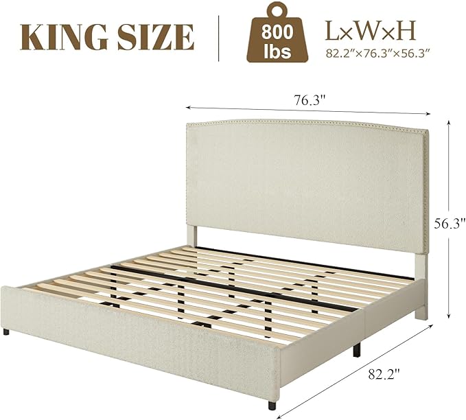 King Size Bed Frame with Upholstered Headboard, Soft Boucle Fabric & Gold - Image 2