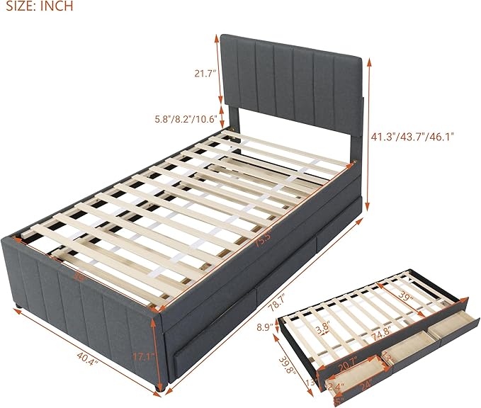 Twin Size Bed Frame with Trundle Bed and Storage Drawers, Linen Upholstered Bed - Image 2
