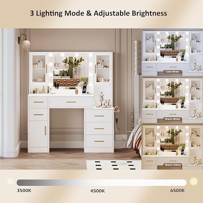 51" Vanity Desk with Mirror and Lights & Charging Station, Bedroom Dressing - Image 4