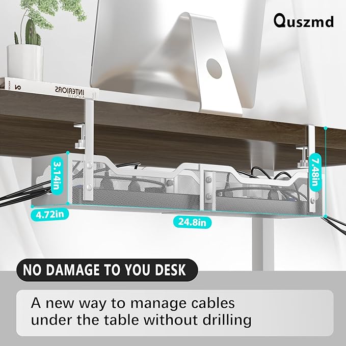 Under Desk Cable Management Tray 24.8", Quszmd Cable Organizer No Drill - Image 3