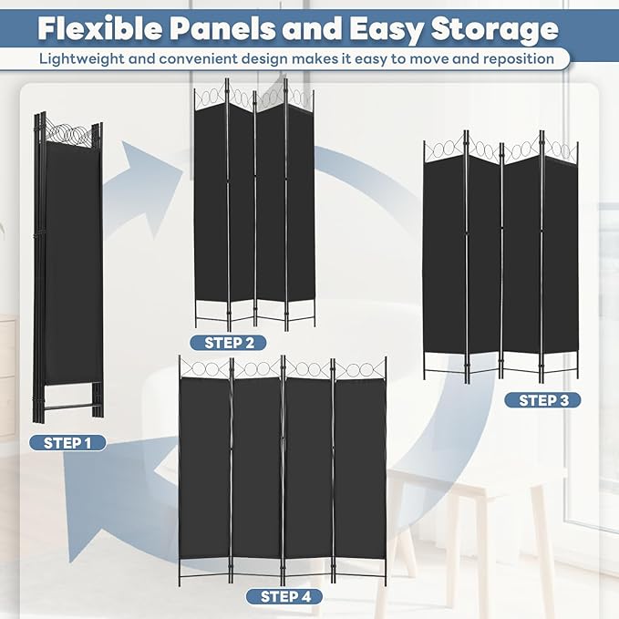 DUMOS 4 Panel Partition Room Divider, 6 Ft Tall Folding Privacy Screen - Image 6