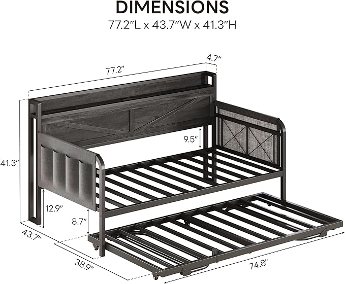 LIKIMIO Twin Daybed with Trundle Bed, Storage Headboard with Charging Station - Image 3