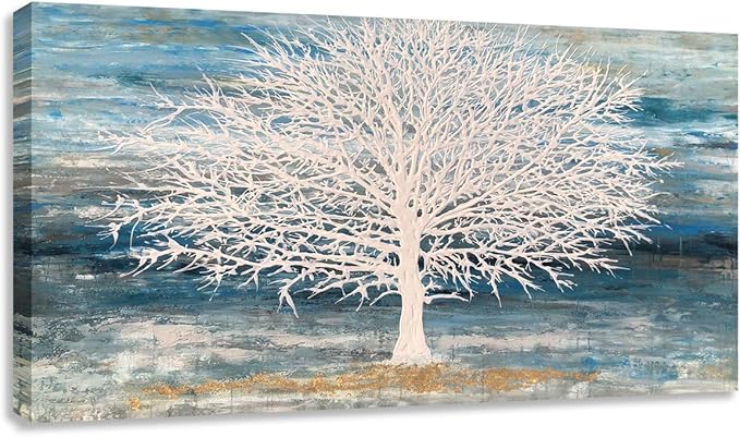 White Tree Canvas Wall Art Large Teal Blue Decor Textured Painting Print by RICHSPACE+ARTS